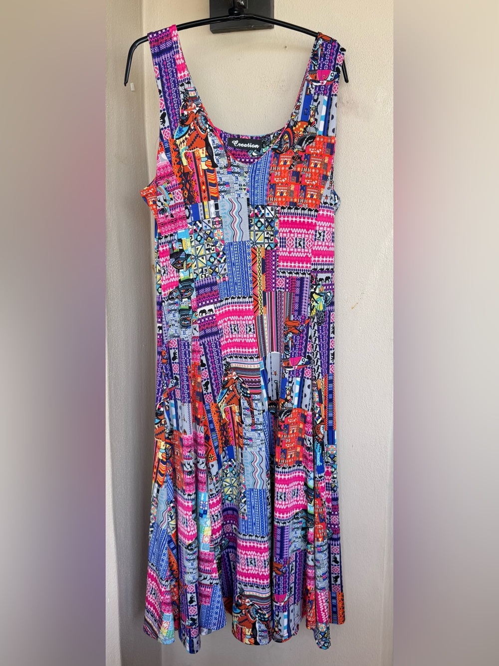 Creation Sleeveless Sundress Multicolor Patchwork Knit Scoop Neck Stretch Large